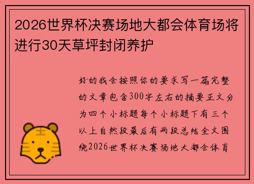 2026世界杯决赛场地大都会体育场将进行30天草坪封闭养护 2026世界杯决赛场地大都会体育场将进行30天草坪封闭养护